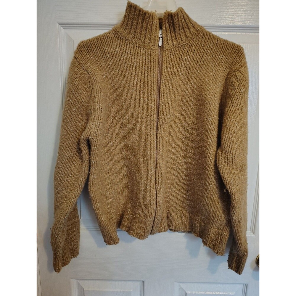 Talbots Tan Knit Full Zip Mock Neck Cardigan Sweater Long Sleeve L Italy